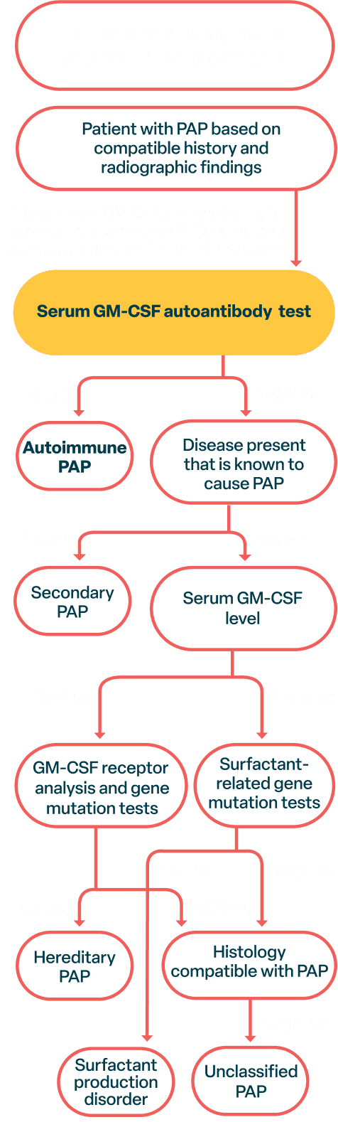 Algorithm shows only a GM-CSF autoantibody test identifies aPAP specifically. Other tests only identify other types of PAP